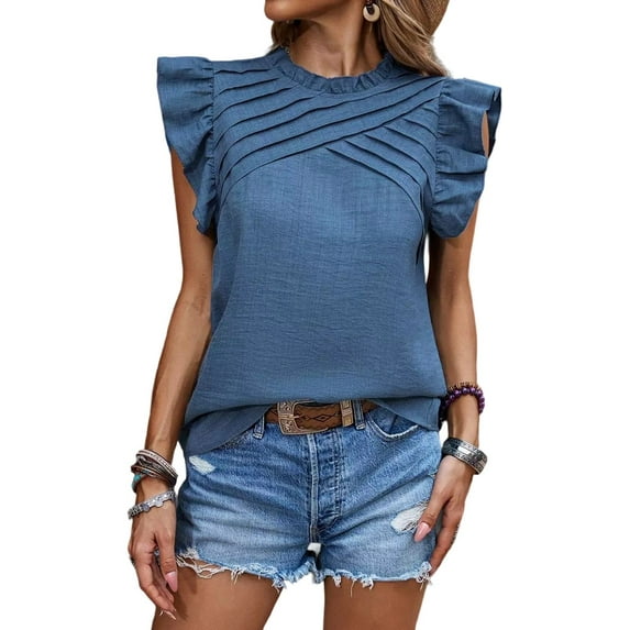 Women's Ruffle Short Sleeve Pleated Crew Neck Top Pullover