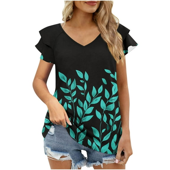 Women's Ruffle Short Sleeve Tops Floral Printed Summer Trendy V Neck Shirts Casual Loose Basic Tunic Blouses (S, Green 2)