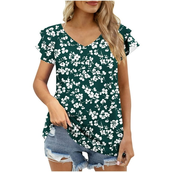 Women's Ruffle Short Sleeve Tops Floral Printed Summer Trendy V Neck Shirts Casual Loose Basic Tunic Blouses (XL, Green 1)
