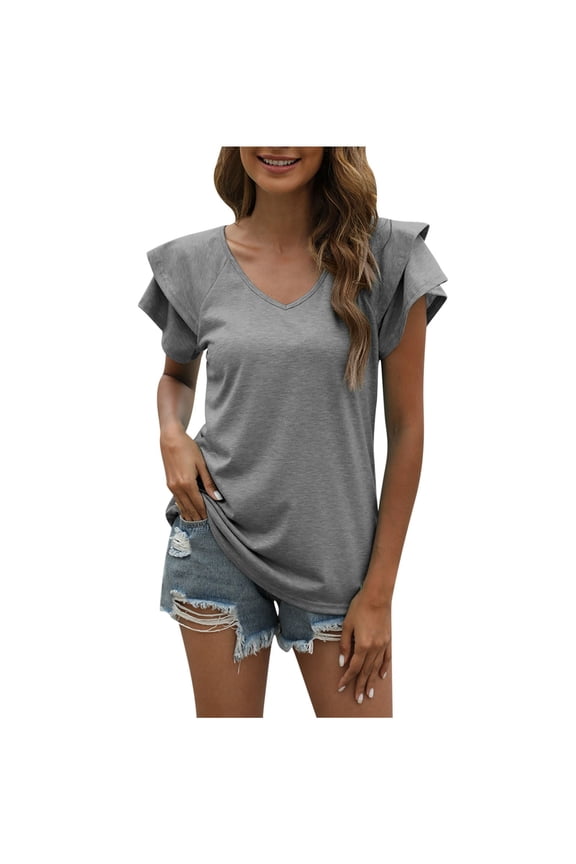 Women's Ruffle Short Sleeve Tunic Tops V Neck Knit Ribbed T Shirts Blouses,Womens Summer Tops 2025 Casual V Neck Ruffle Cap Sleeve Blouse Shirts Basic Tunic Tops Spring Outfits