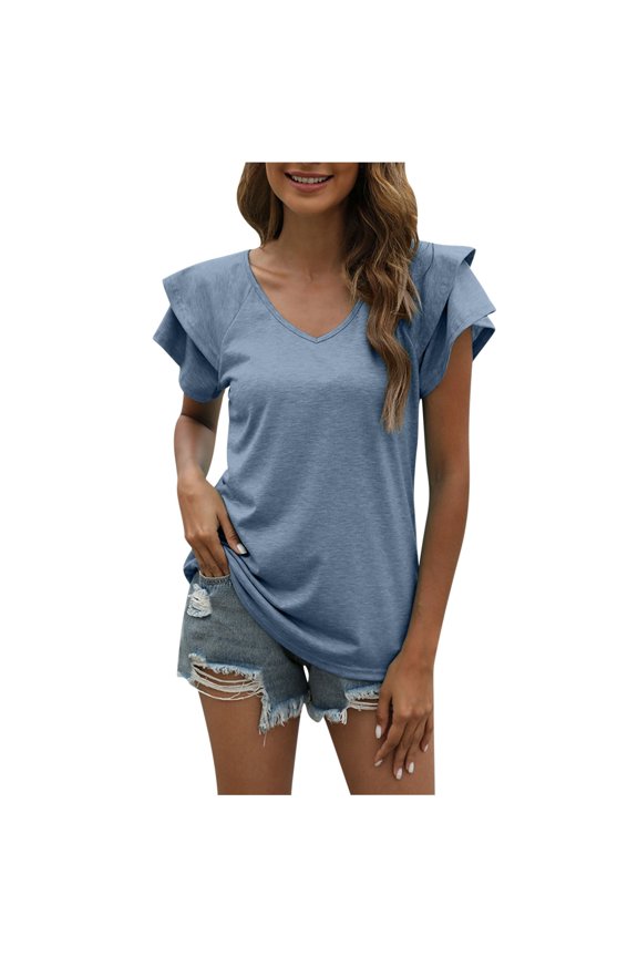 Women's Ruffle Short Sleeve Tunic Tops V Neck Knit Ribbed T Shirts Blouses,Womens Summer Tops 2025 Casual V Neck Ruffle Cap Sleeve Blouse Shirts Basic Tunic Tops Spring Outfits