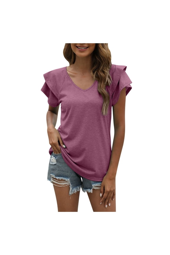 Women's Ruffle Short Sleeve Tunic Tops V Neck Knit Ribbed T Shirts Blouses,Womens Summer Tops 2025 Casual V Neck Ruffle Cap Sleeve Blouse Shirts Basic Tunic Tops Spring Outfits
