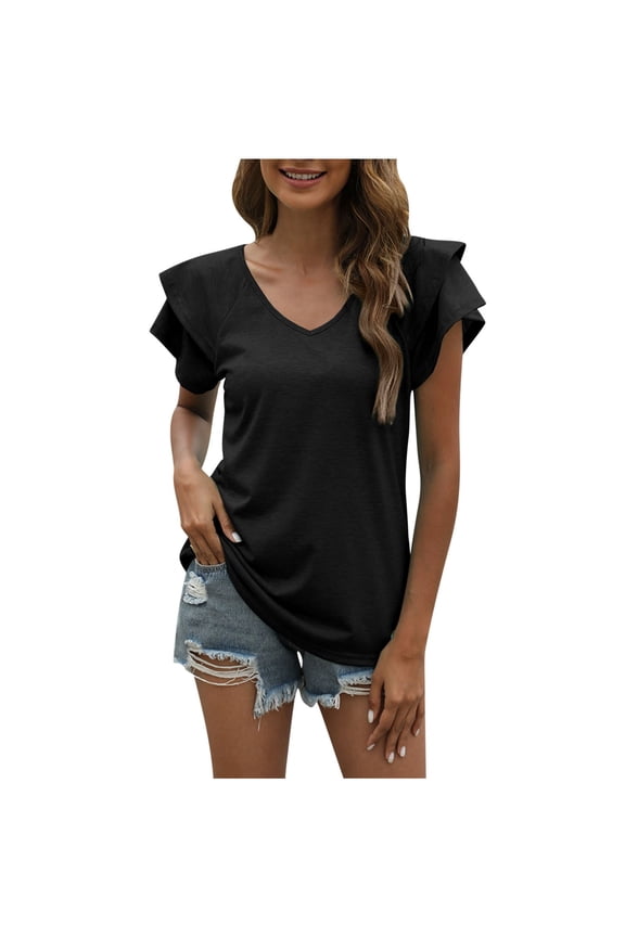 Women's Ruffle Short Sleeve Tunic Tops V Neck Knit Ribbed T Shirts Blouses,Womens Summer Tops 2025 Casual V Neck Ruffle Cap Sleeve Blouse Shirts Basic Tunic Tops Spring Outfits