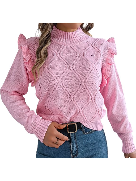 Women's Ruffle Shoulder Knit Sweater, Mock Neck Long Sleeve Diamond Cable Knit Pullover Tops for Fall Winter Fashion