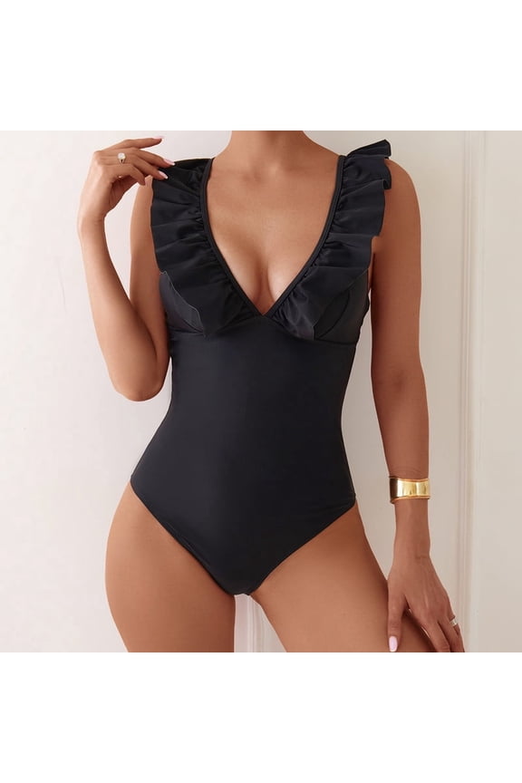 Women's Ruffle Shoulder V Neck One Piece Swimsuit, Flattering Swimwear for Pool Beach