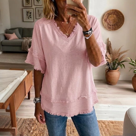 Women's Ruffle Sleeve Frayed Hem V-Neck T-Shirt Loose Fit Summer Blouse Pink 2XL