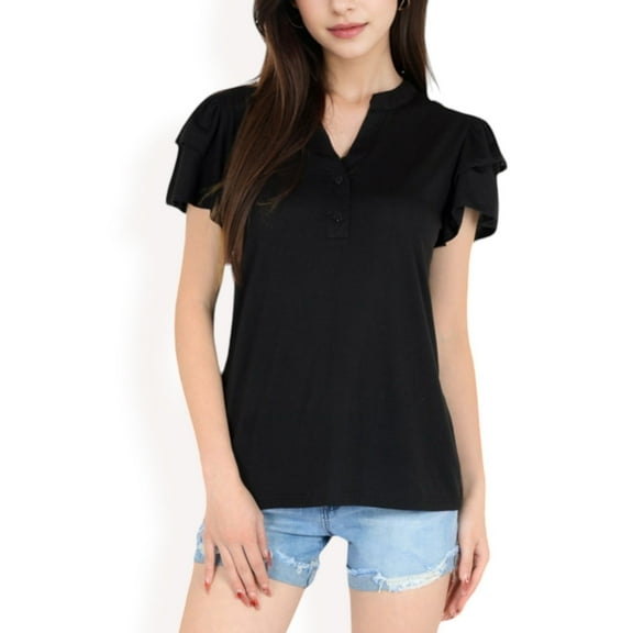 Women's Ruffle Sleeve Henley Top with Button Front Detail- Black,Small