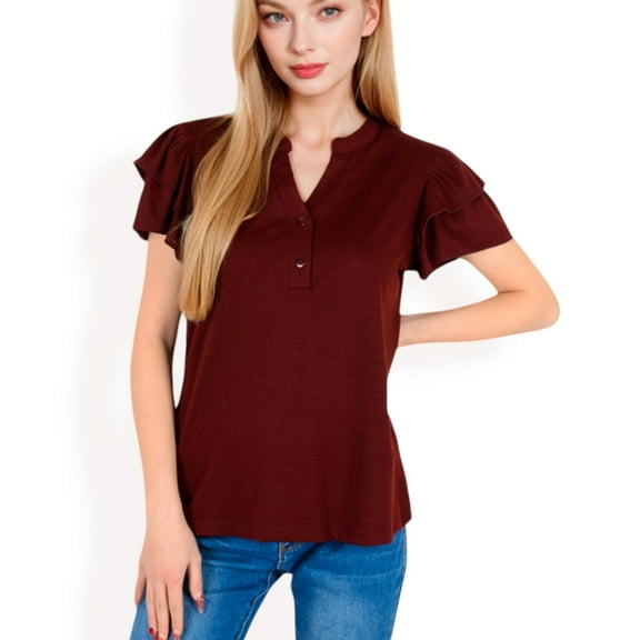 Women's Ruffle Sleeve Henley Top with Button Front Detail- Burgundy,Small