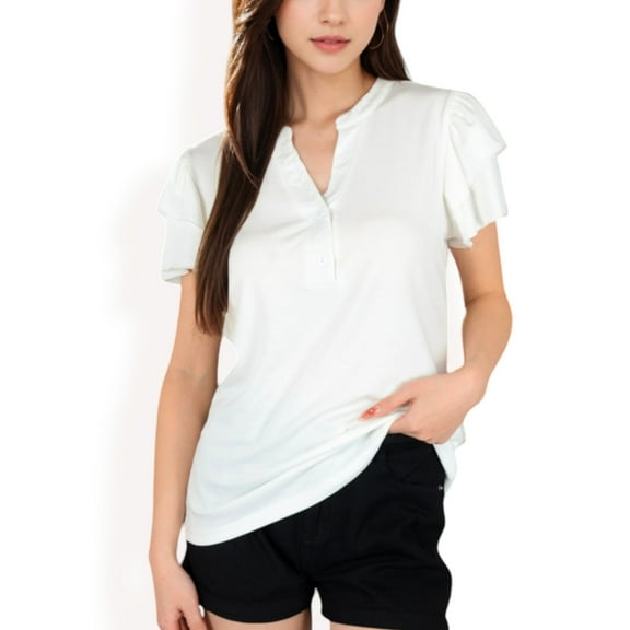 Women's Ruffle Sleeve Henley Top with Button Front Detail- White,Medium