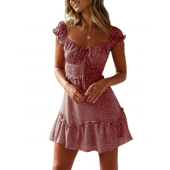 Women's Ruffle Sleeve Sweetheart Neckline Dots Printing Mini Dress