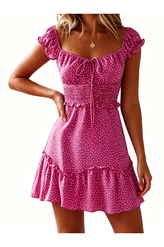 Women's Ruffle Sleeve Sweetheart Neckline Dots Printing Mini Dress