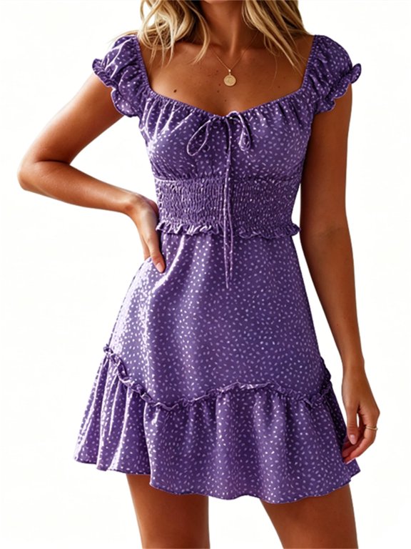 Women's Ruffle Sleeve Sweetheart Neckline Dots Printing Mini Dress