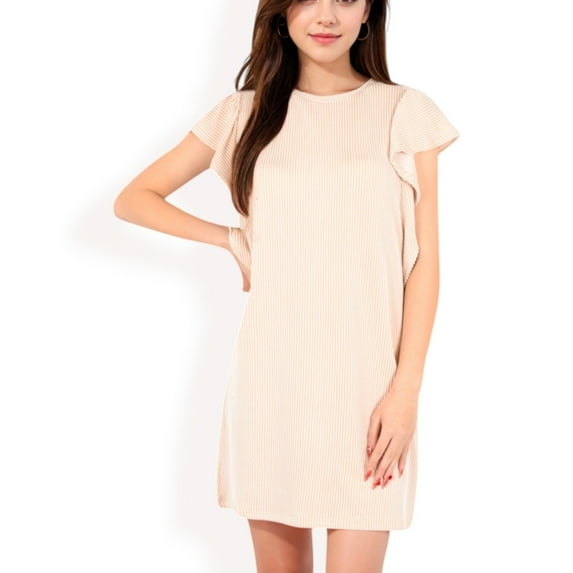 Women's Ruffle Sleeve Textured Knit Mini Shift Dress- Beige,Large
