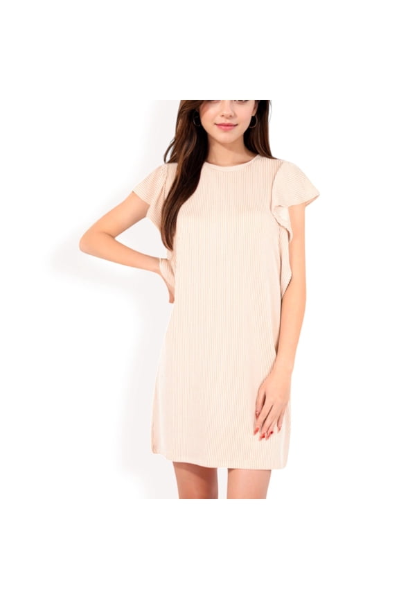 Women's Ruffle Sleeve Textured Knit Mini Shift Dress- Beige,Small