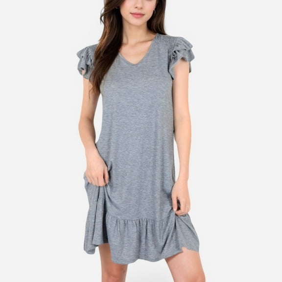 Women's Ruffle Sleeve V-Neck Dress with Tiered Hem and Relaxed Fit - Medium, Gray