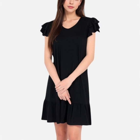 Women's Ruffle Sleeve V-Neck Dress with Tiered Hem and Relaxed Fit - X Large, Black