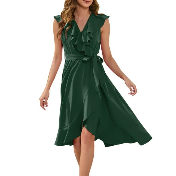 Women’s Ruffle Sleeve V Neck Wrap Dress Tie Waist Loose Flowy Split Midi Dress Casual Boho Beach Long Dresses