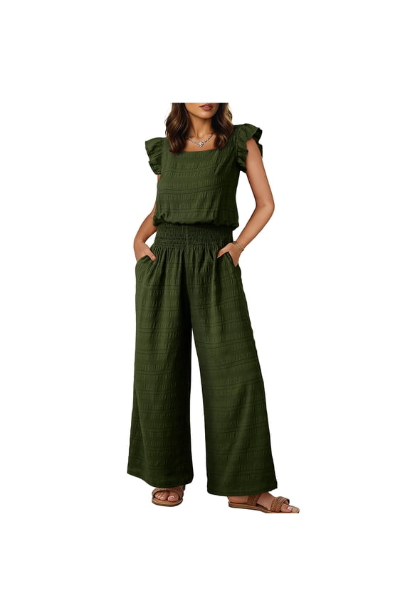 Women's Ruffle Sleeve Wide Leg Jumpsuit Casual Smocked Waist Pocket Romper
