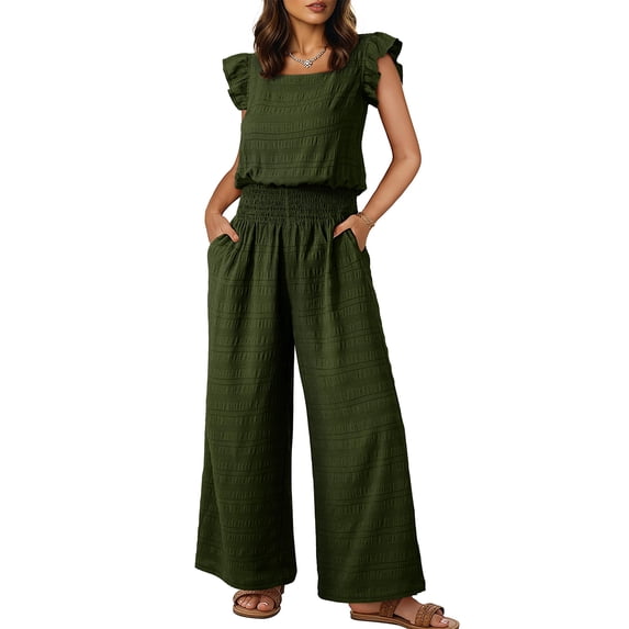 Women's Ruffle Sleeve Wide Leg Jumpsuit Casual Smocked Waist Pocket Romper