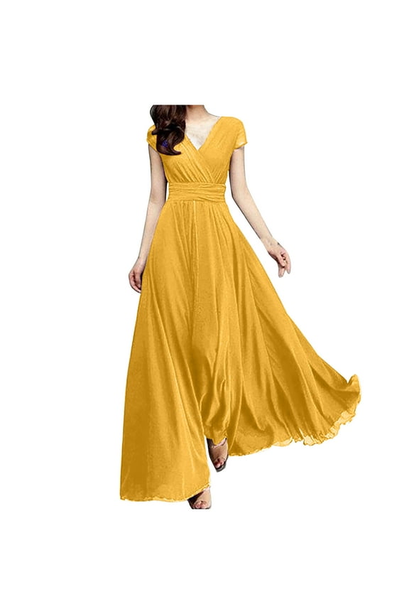 Women's Ruffle Sleeves Bridesmaid Dresses Wrap V-Neck Chiffon Long Formal Wedding Evening Party Gowns