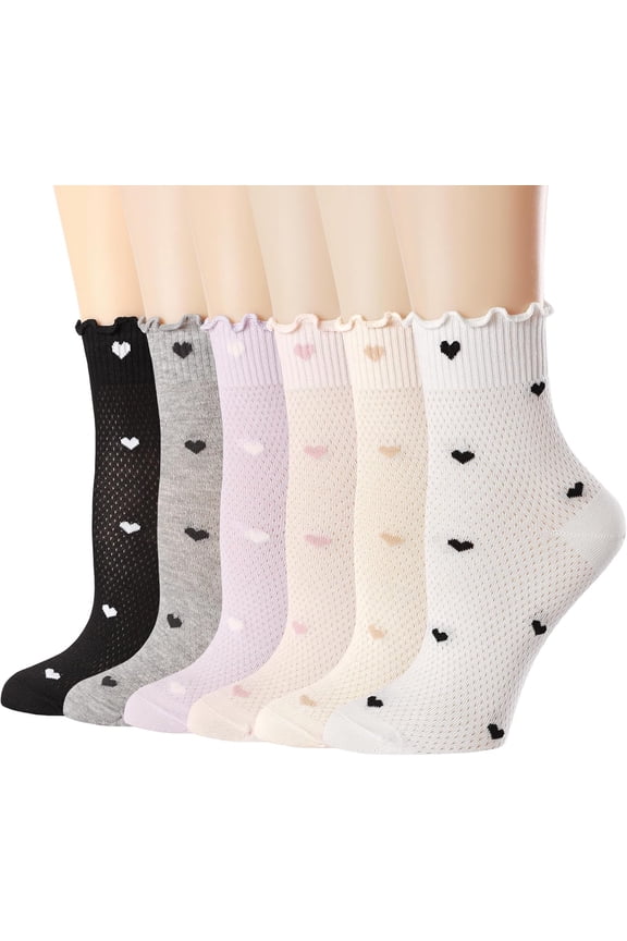 Women's Ruffle Socks,Casual Ankle Mesh Breathable Thin Cool Knit Cotton Cute Crew Frilly Sock 6 Pack