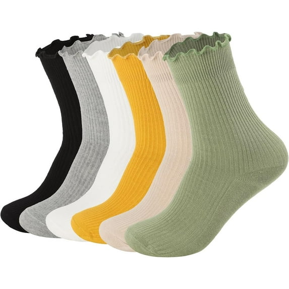 Women's Ruffle Socks,Casual Cute Ankle Socks Breathable Knit Cotton Soft Frilly Crew Socks for Women 6 Pack