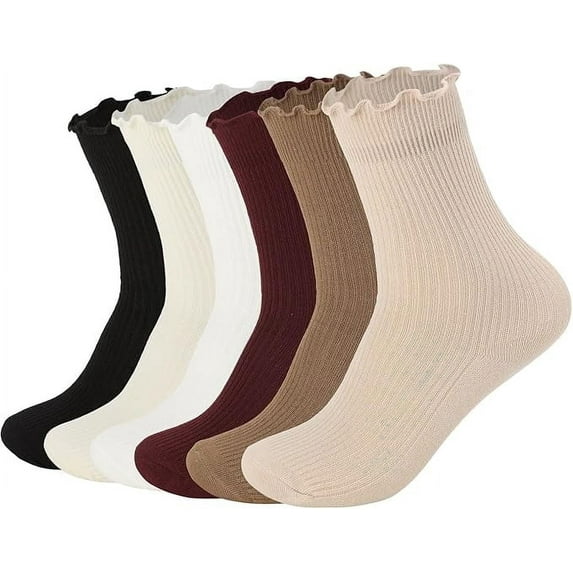 Women's Ruffle Socks,Casual Cute Ankle Socks Breathable Knit Cotton Soft Frilly Crew Socks for Women 6 Pack