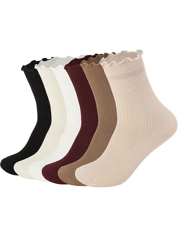 Women's Ruffle Socks,Casual Cute Ankle Socks Breathable Knit Cotton Soft Frilly Crew Socks for Women 6 Pack