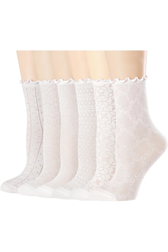 Women's Ruffle Socks Mesh Casual Lace Cotton Crew Summer Ultra Thin White Frilly Ankle Socks for Women 6 Pairs