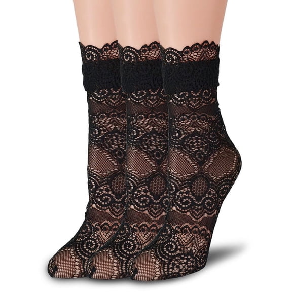 Women's Ruffle Socks Sexy Lace Ankle Socks Transparent Mesh Dress 3 Pairs