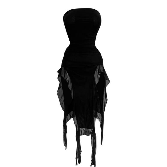 Women's Ruffle Split Pleated Slim Maxi Strapless Tube Bodycon Dresses High Low Irregular Hem Sexy Party Dresses