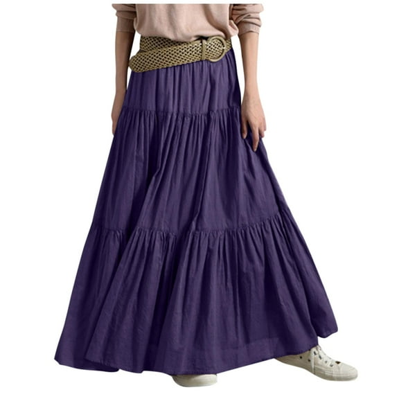 Women's Ruffle Spring Casual Maxi Dress Plain Skirt Retro Pleated Skirt, No Belt Included, Flowy Design for Everyday Wear,Purple,Size XL