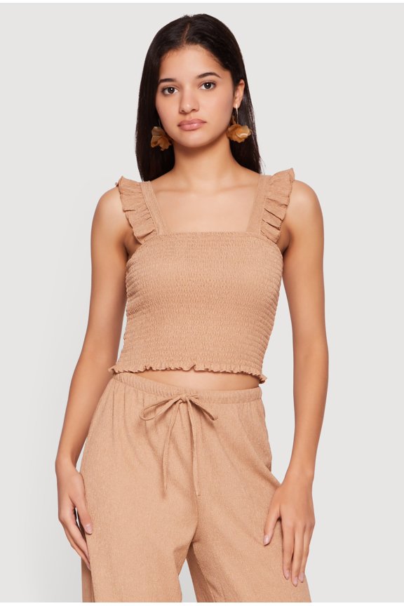 Women's Ruffle Strap Smocked Crop Top