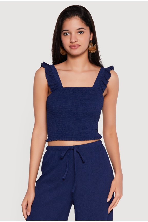 Women's Ruffle Strap Smocked Crop Top