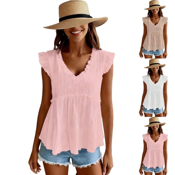 Women's Ruffle Tank Top - Ladies V Neck Sleeveless Tops for Beach Vacation Summer Tanks Pinks