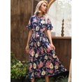 thumbnail image 1 of Women's Ruffle Tie Neck Short Puffed Short Sleeve Pleated Midi Dress - X Large, Navy, 1 of 1
