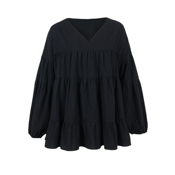 Women's Ruffle Tiered Lantern Sleeve Babydoll Oversized Long Sleeve Tops, Black, Small