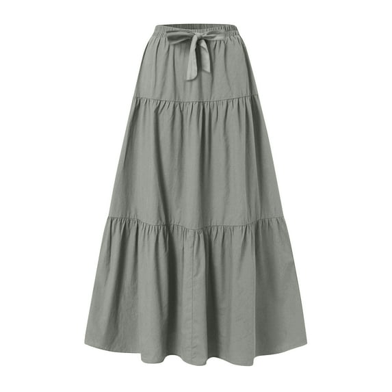 Women's Ruffle Tiered Maxi Skirt, Drawstring Elastic Waisted A-Line Solid Color Long Boho Skirts Floral Midi Skirt Gray XXL