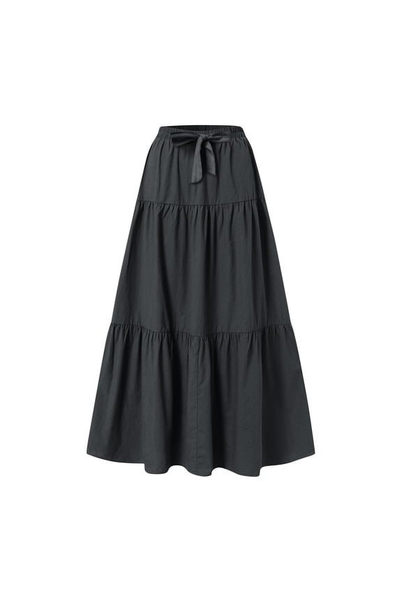 Women's Ruffle Tiered Maxi Skirt, Drawstring Elastic Waisted A-Line Solid Color Long Boho Skirts Goth Skirt Black XXL