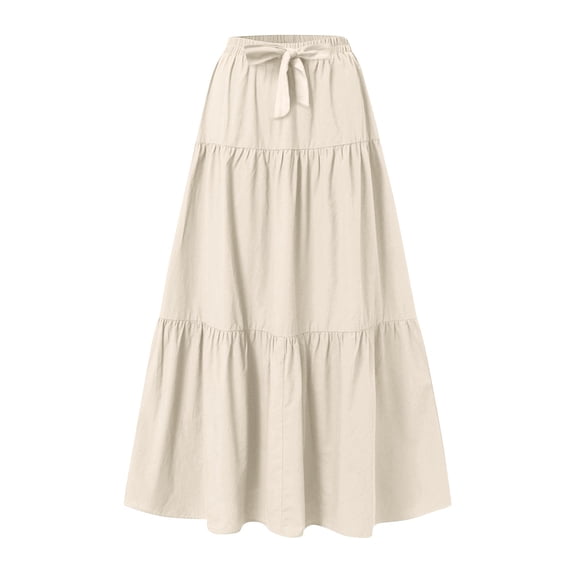 Women's Ruffle Tiered Maxi Skirt, Drawstring Elastic Waisted A-Line Solid Color Long Boho Skirts Ruffle Skirt Women Beige S
