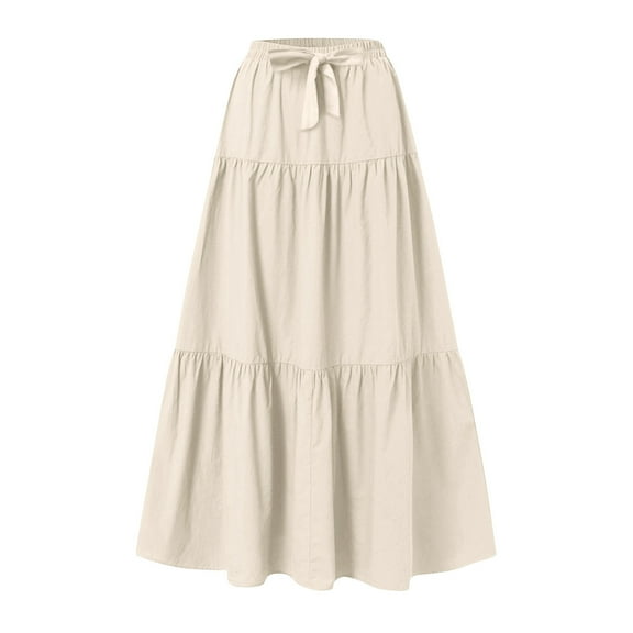 Women's Ruffle Tiered Maxi Skirt, Drawstring Elastic Waisted A-Line Solid Color Long Boho Skirts Workout Skirt Beige M