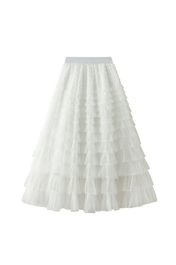 Women's Ruffle Tiered Tulle Long Skirt Elastic Waist Layered Pleated Sheer Mesh ALine Maxi Fairy Skirt for Party Prom