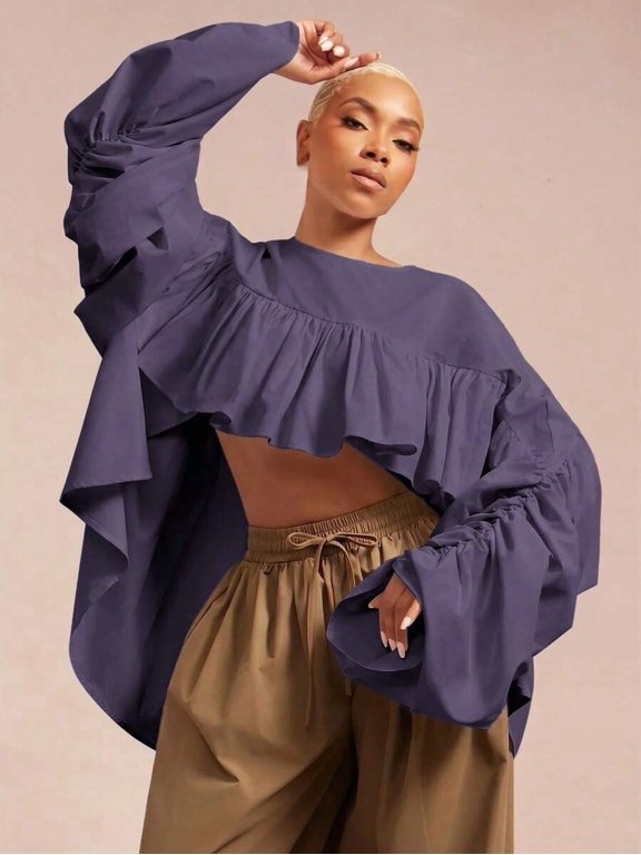 Women's Ruffle Top Crew Neck Long Sleeve Ruched Cuff Hi-Low Hem Loose Fit Cropped Blouse