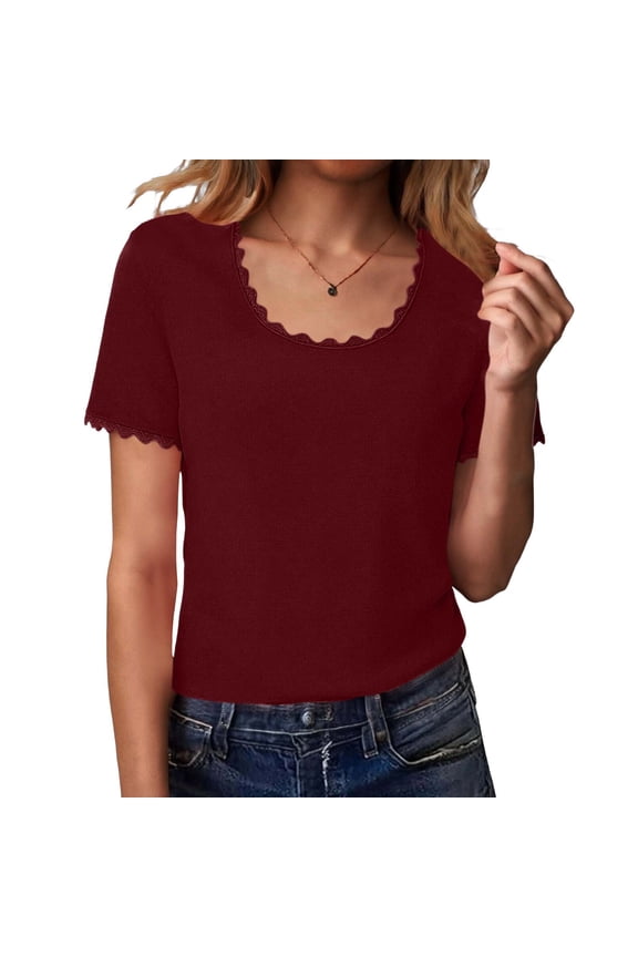 Women's Ruffle Tops Lace Square Neck Short Sleeve Shirts Sexy Going Out Tops Y2K Slim Fit T-Shirts with Lace Trim Ribbed Casual Basic Tees Spring Clothes 2026 Summer Coquette Tee