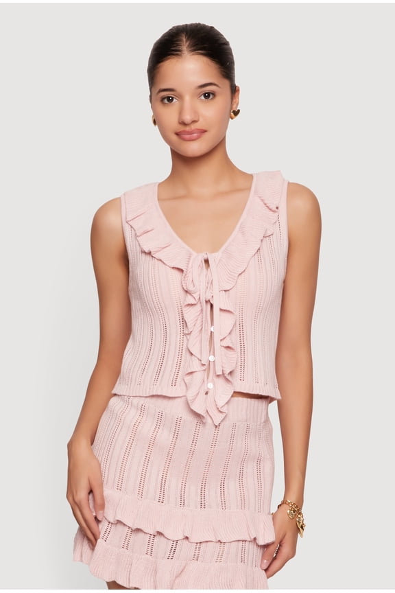 Women's Ruffle Trim Button Front Tie Detail Crochet Vest