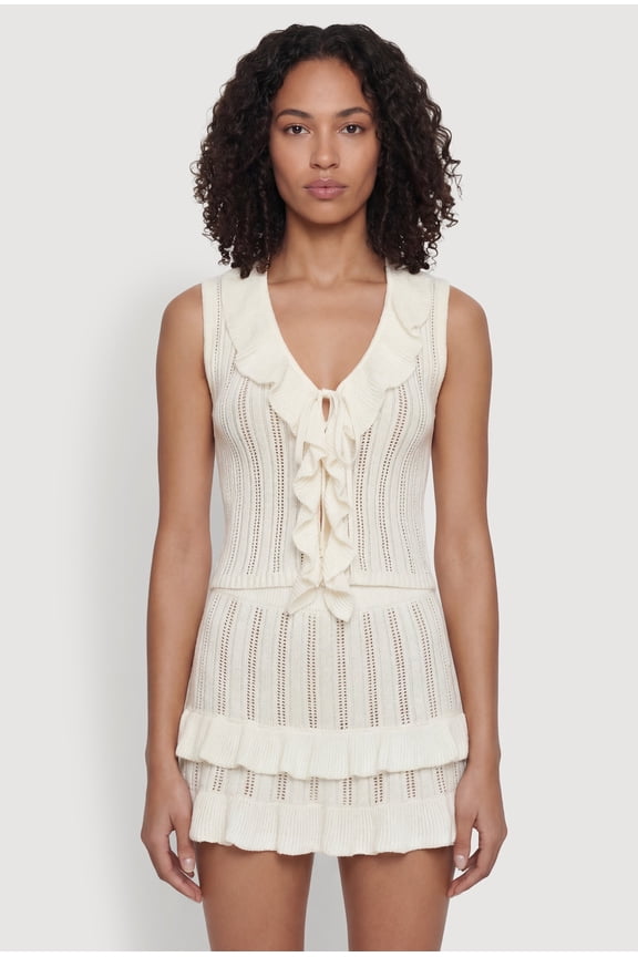 Women's Ruffle Trim Button Front Tie Detail Crochet Vest