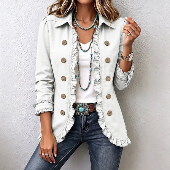 Women's Ruffle Trim Contrast Piping Solid Blazer Jacket Lapel Collar Long Sleeve Vintage Single Breasted Western Casual Coat White L