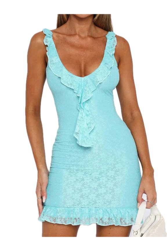 Women's Ruffle Trim Lace Mini Dress with Stretch Ninety Percent Polyamide Ten Percent Elastane Lining Polyester
