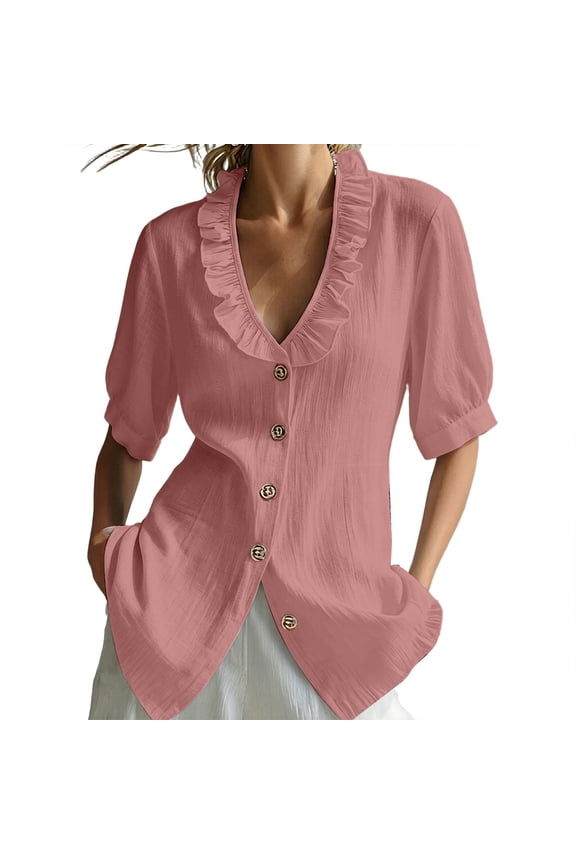 Women's Ruffle Trim Short Sleeve Blouse Summer Sweet V Neck Button Down Shirts Loose Fashion Boho Beach Vacation Tops Pink