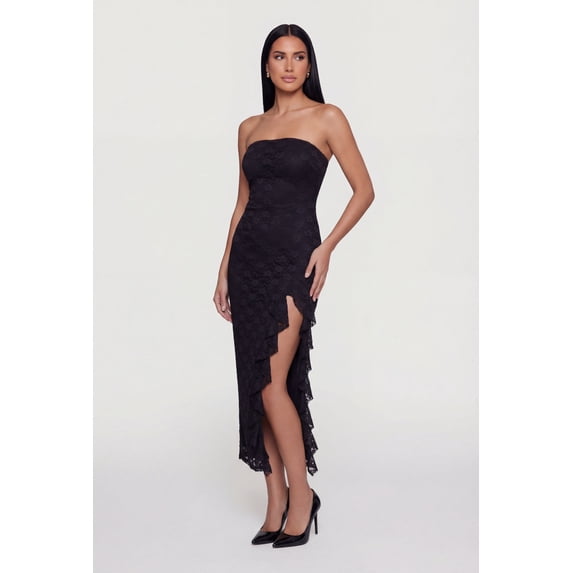 Women's Ruffle Trim Side Slit Lace Overlay Midi Dress